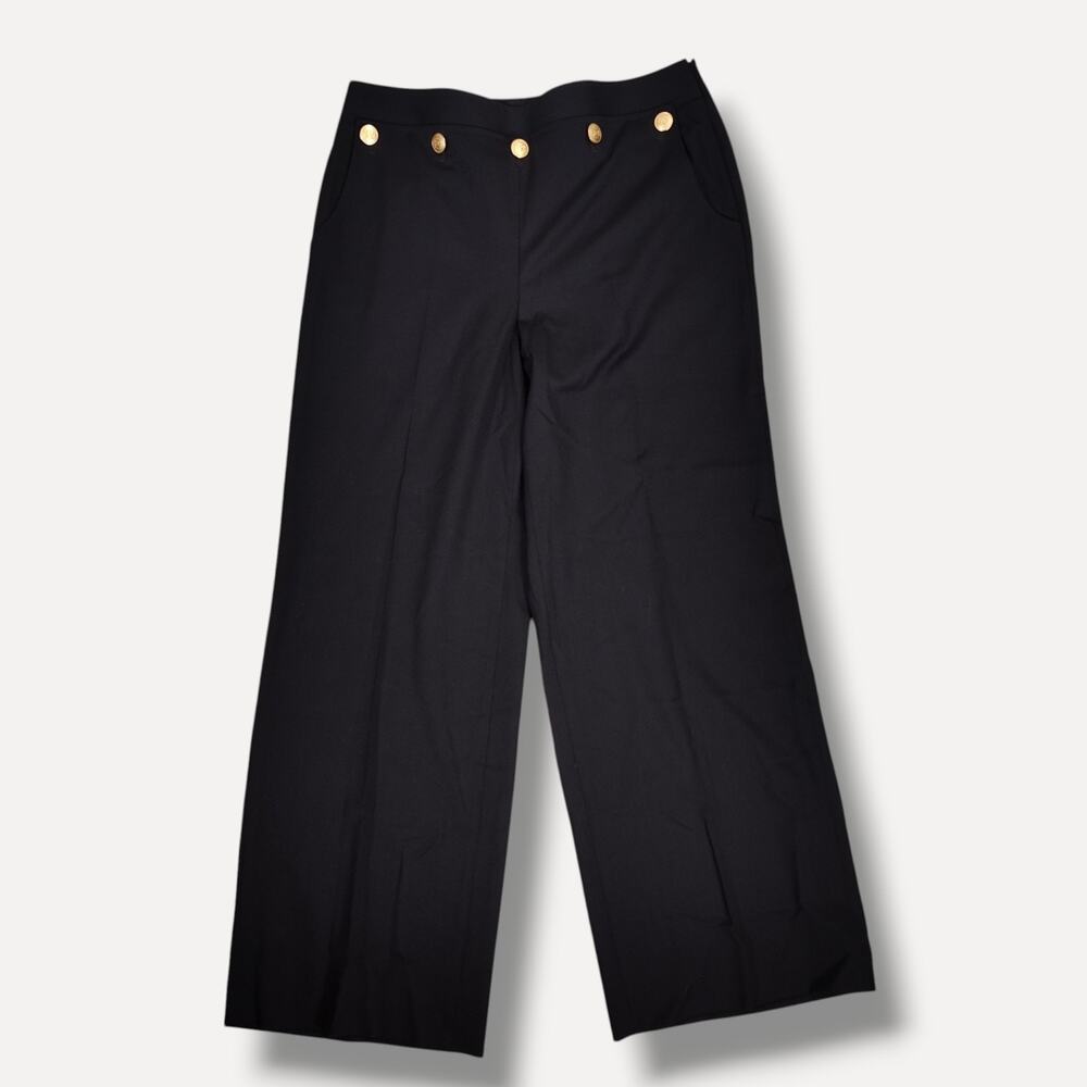 Lafayette 148 New York Wool Wide Leg Pants 14 Black Gold Button High Rise